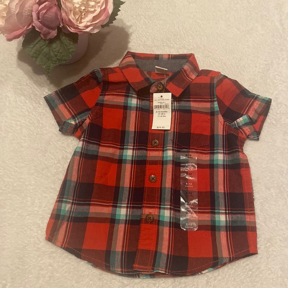 NWT Baby GAP Size 6-12M Plaid Short Sleeve Button Down Shirt